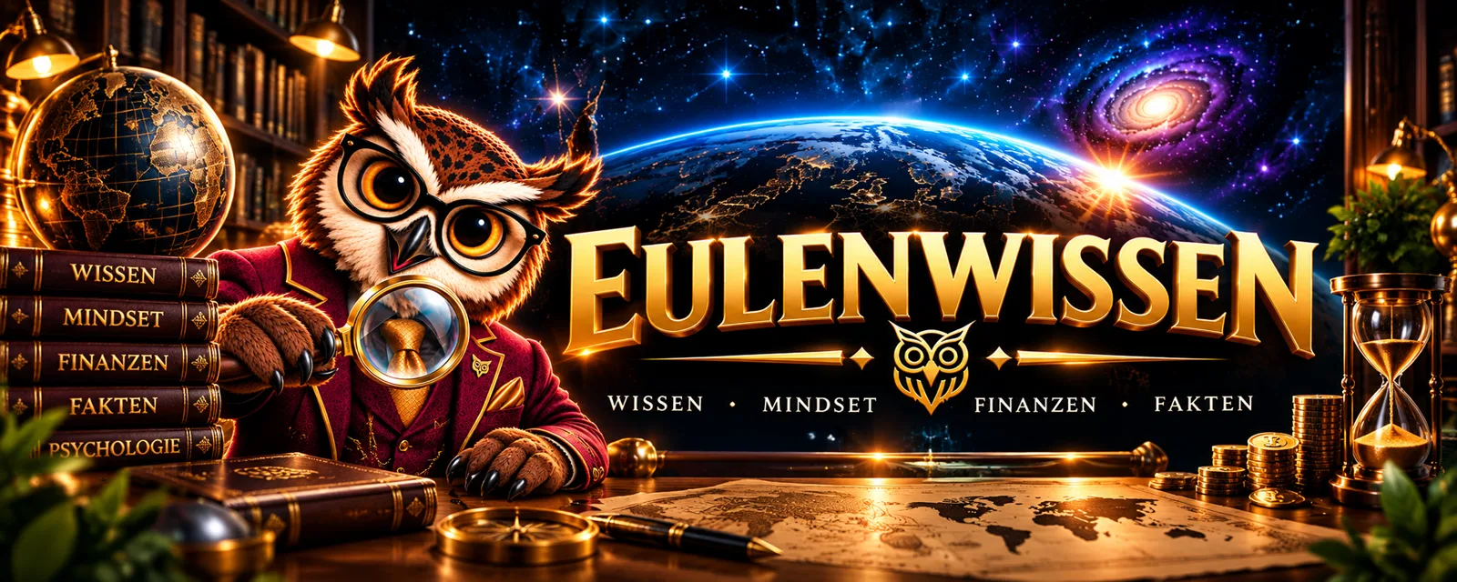 Eulenwissen-Banner: die Eule mit Lupe vor der Erde aus dem Weltall, daneben Bücher zu Wissen, Mindset, Finanzen und Fakten